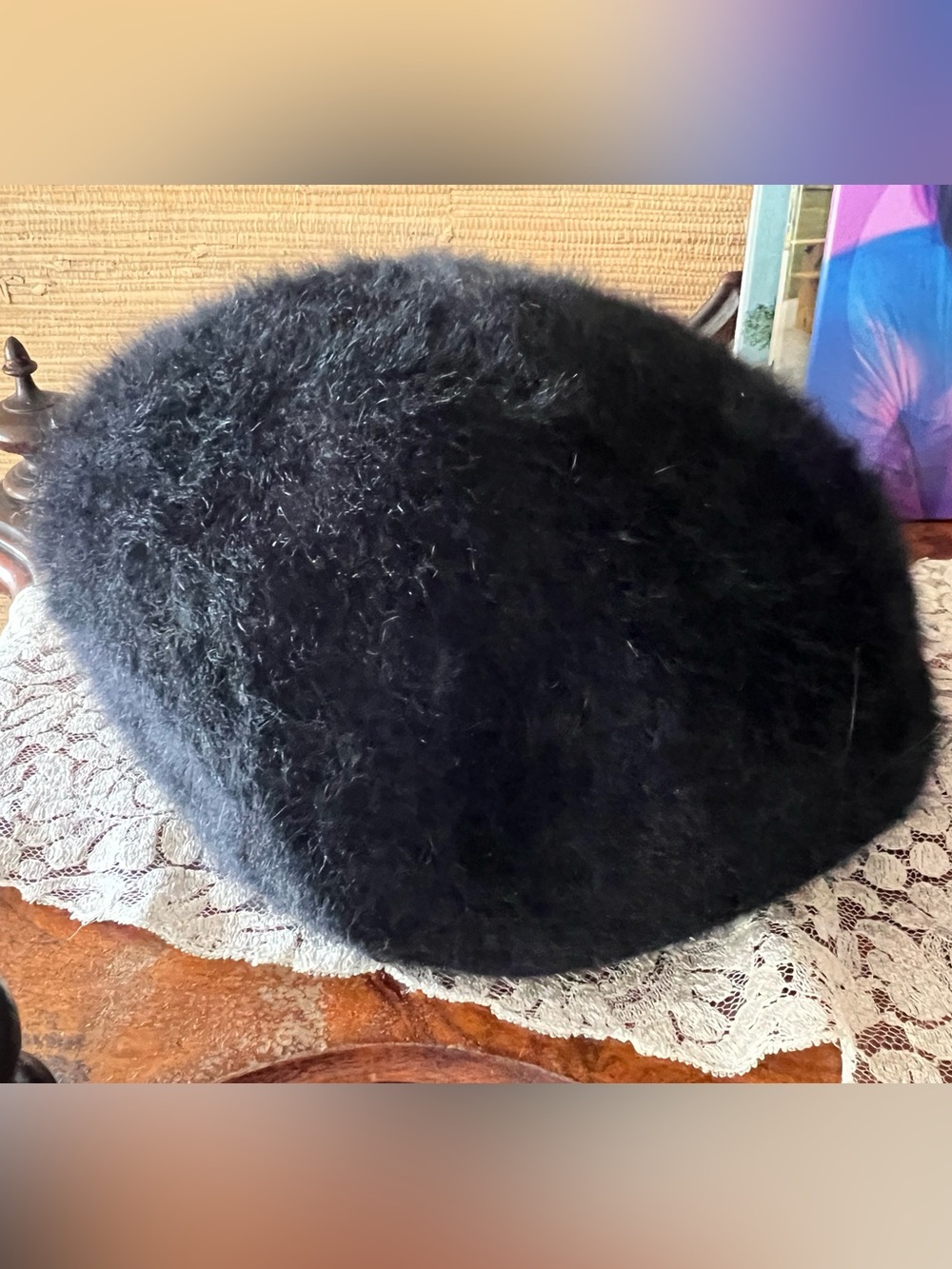 Vintage 80s Kangol Angora Womens Black Fuzzy Beret Hat